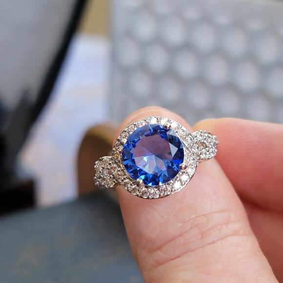 Rhodium Plated Simulated Blue Sapphire Ring - Elegant Statement - Size 10 - Picture 9 of 10